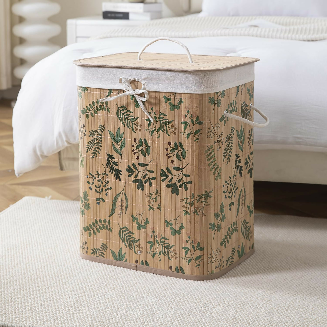 HOKIPO Eco-Friendly Foldable Bamboo Laundry Basket Hamper with Lid - Ficus Leaves - Dista