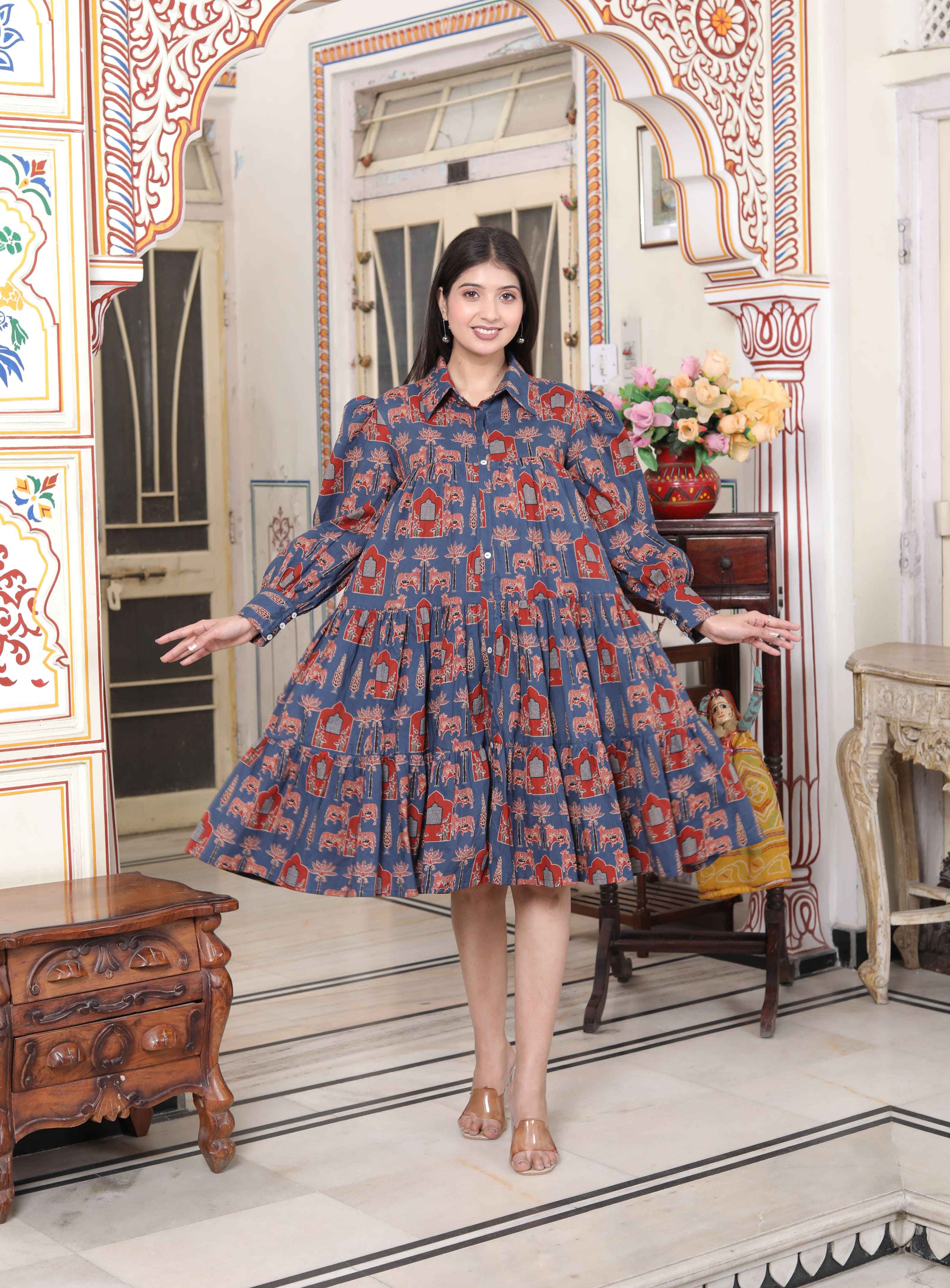 Miravan Women's Blue And Red Animal Print Pure Cotton Loose Fit Tiered A-Line Dress - Distacart