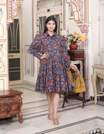 Thumbnail for Miravan Women's Blue And Red Animal Print Pure Cotton Loose Fit Tiered A-Line Dress - Distacart