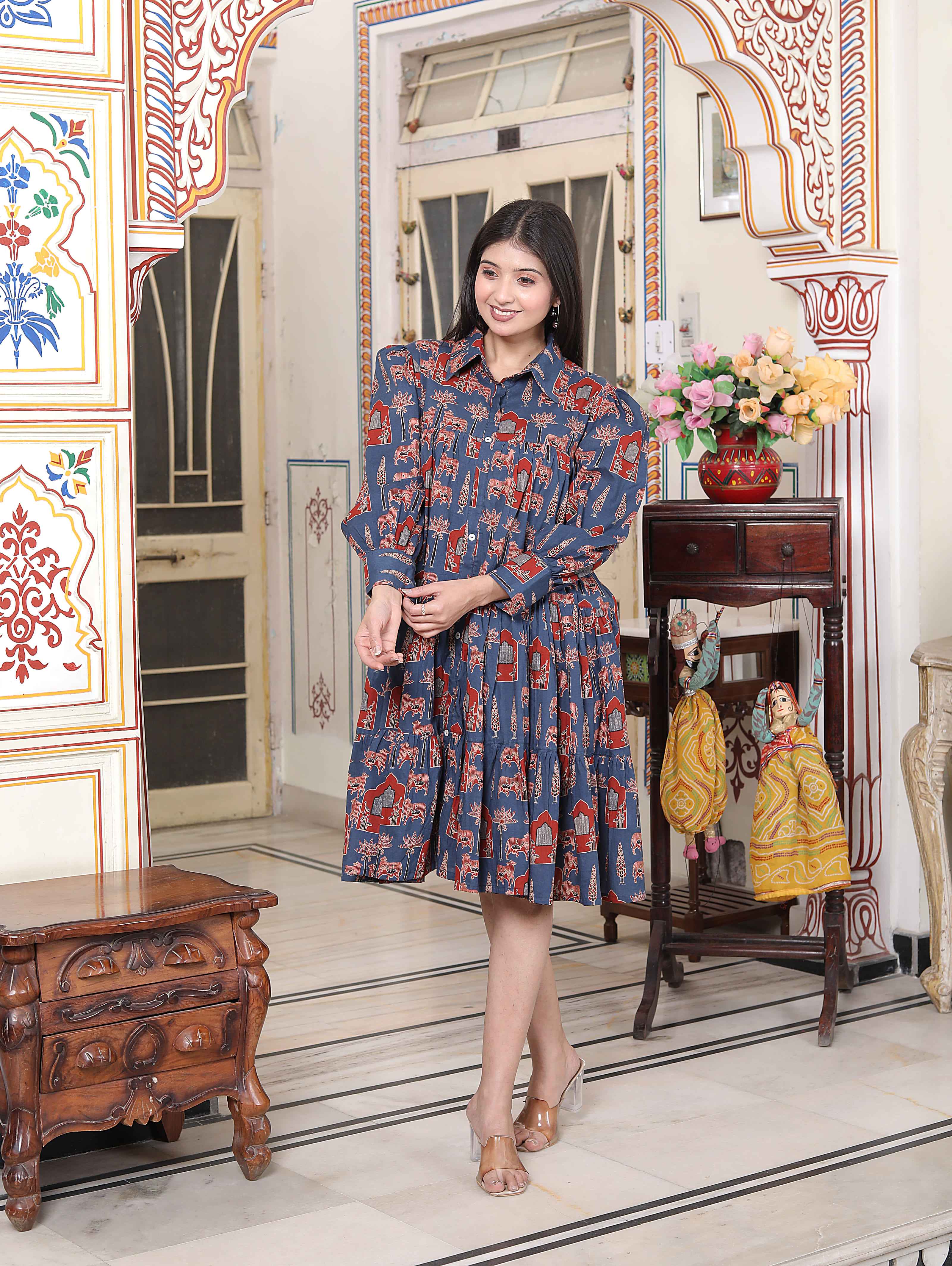 Miravan Women's Blue And Red Animal Print Pure Cotton Loose Fit Tiered A-Line Dress - Distacart