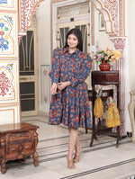 Thumbnail for Miravan Women's Blue And Red Animal Print Pure Cotton Loose Fit Tiered A-Line Dress - Distacart