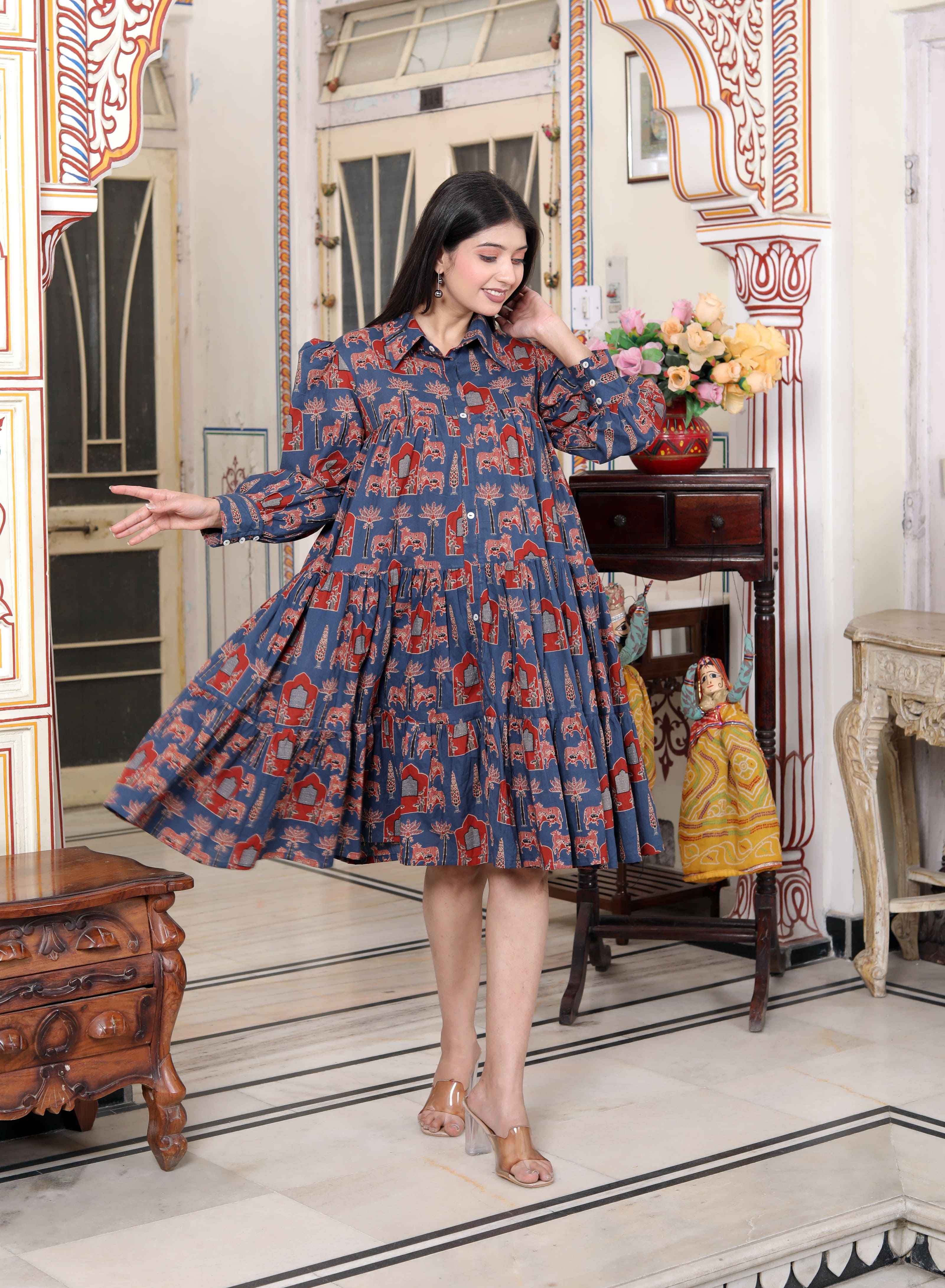 Miravan Women's Blue And Red Animal Print Pure Cotton Loose Fit Tiered A-Line Dress - Distacart