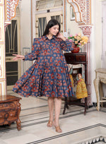 Thumbnail for Miravan Women's Blue And Red Animal Print Pure Cotton Loose Fit Tiered A-Line Dress - Distacart