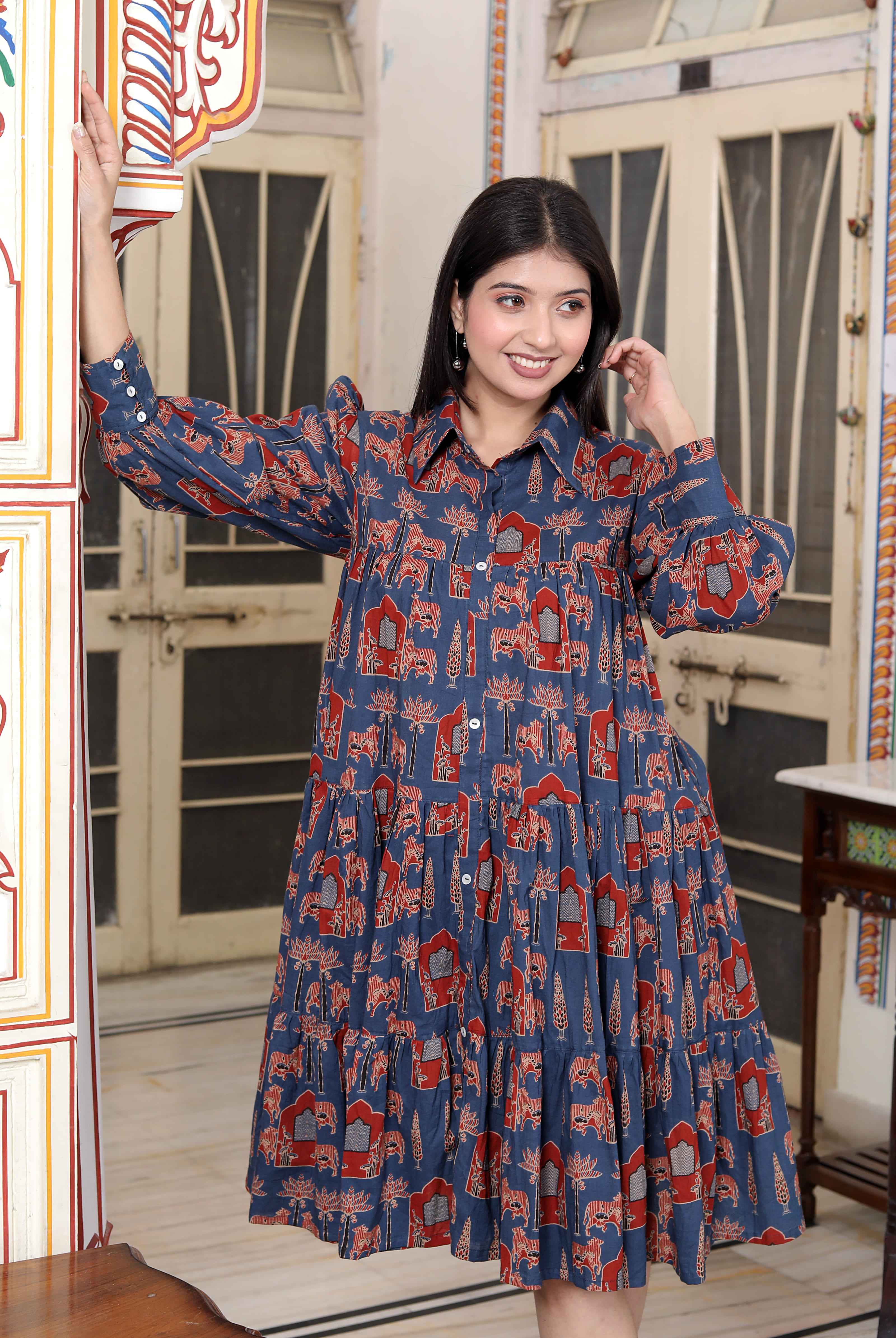 Miravan Women's Blue And Red Animal Print Pure Cotton Loose Fit Tiered A-Line Dress - Distacart