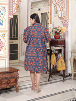 Thumbnail for Miravan Women's Blue And Red Animal Print Pure Cotton Loose Fit Tiered A-Line Dress - Distacart