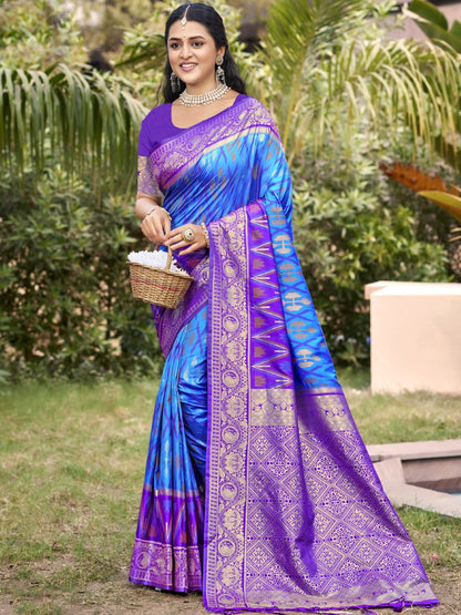 Anaita Blue Silk Saree With Blouse Piece - Distacart