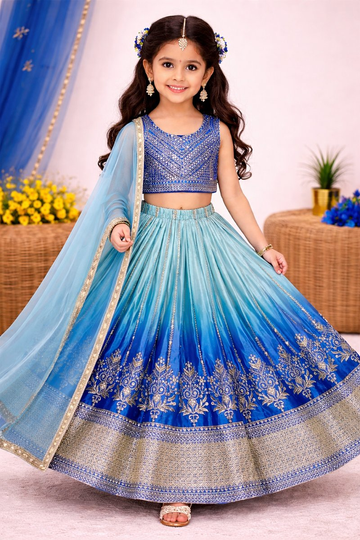 Evanik Blue Designer Chinon Silk Embroidered Work Wedding Lehenga Choli For Kids - Dista