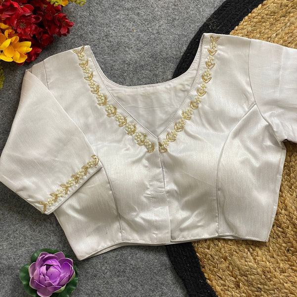 Malishka Women's White Pure Silk Hand Work Readymade Blouse