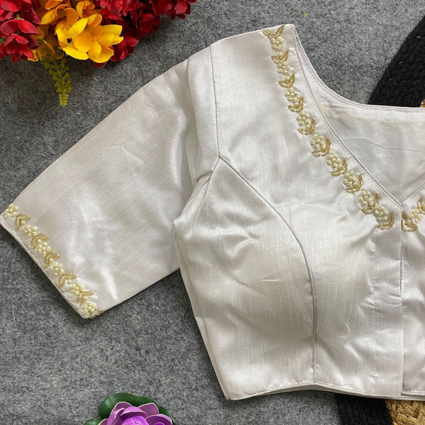 Malishka Women's White Pure Silk Hand Work Readymade Blouse