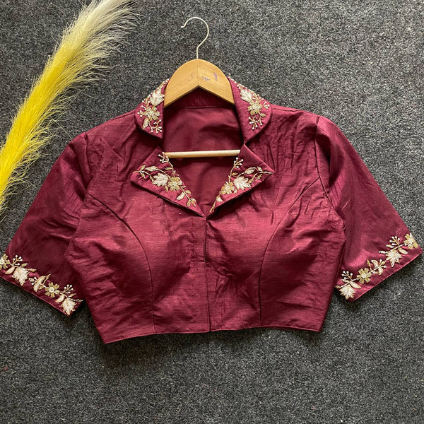 Malishka Women's Maroon Banglori Silk Hand Work Readymade Blouse