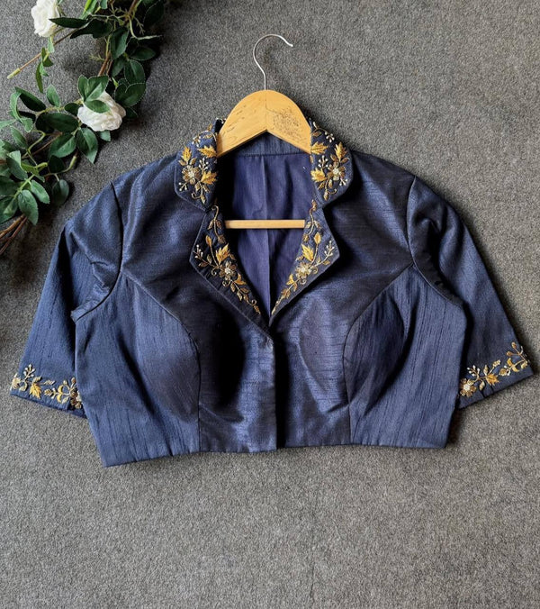 Malishka Women's Navy Blue Banglori Silk Hand Work Readymade Blouse