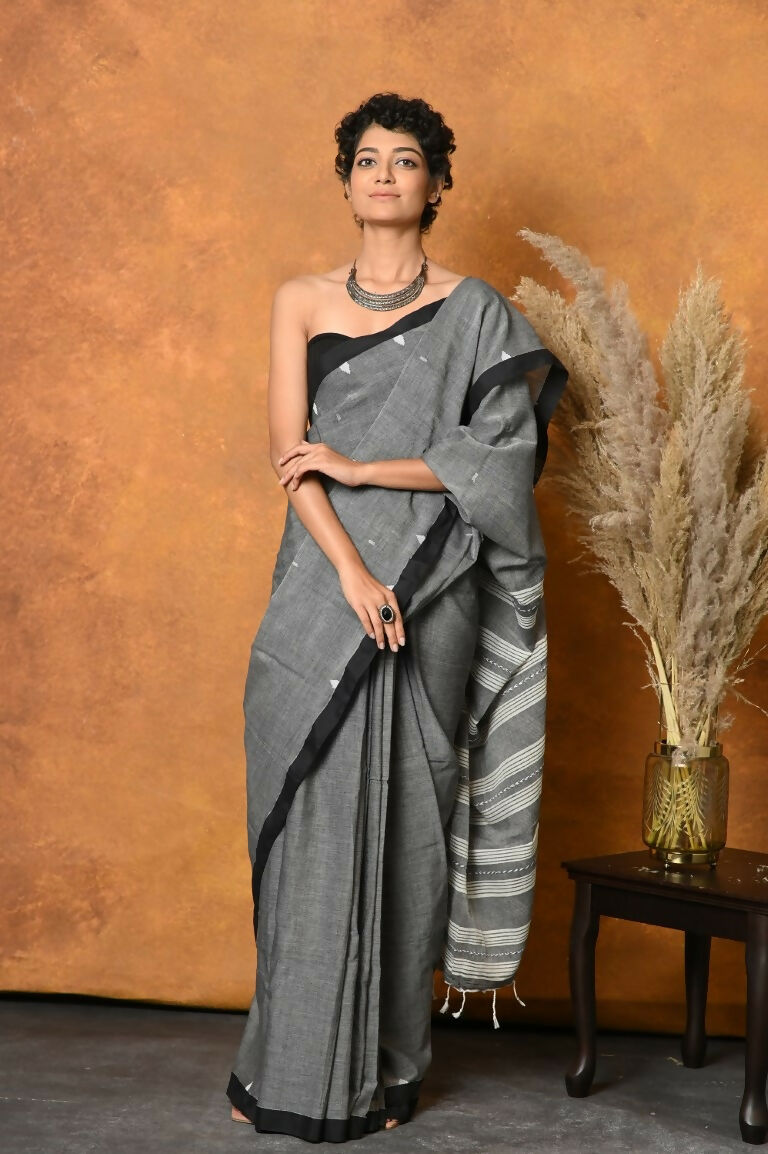 Very Much Indian Handloom Pure Cotton Saree With Sleek Border - Grey - Distacart