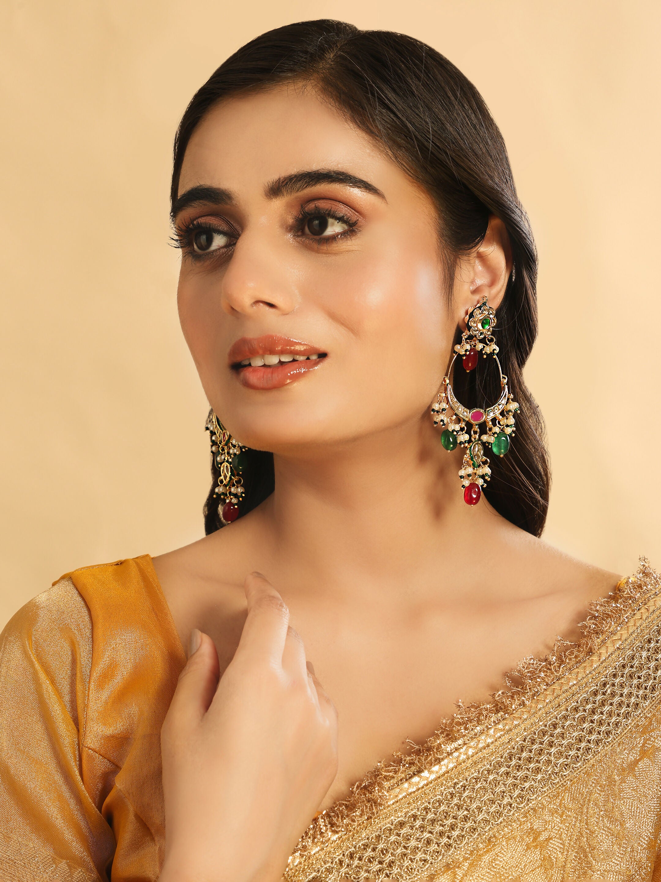 Nuyug 22K Gold Plated Crescent Kundan Drop Red Stone Chandbali Earrings