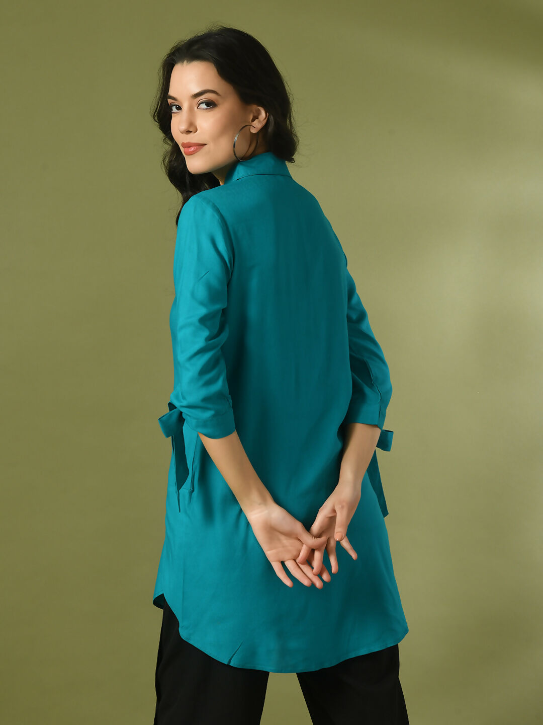Myshka Women's Turquoise Blue Solid Cotton Longline Party Sheer Tunic - Distacart