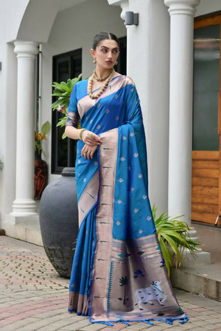 Vishnu Weaves Women's Rama Paithani Silk Zari Woven Saree with Blouse