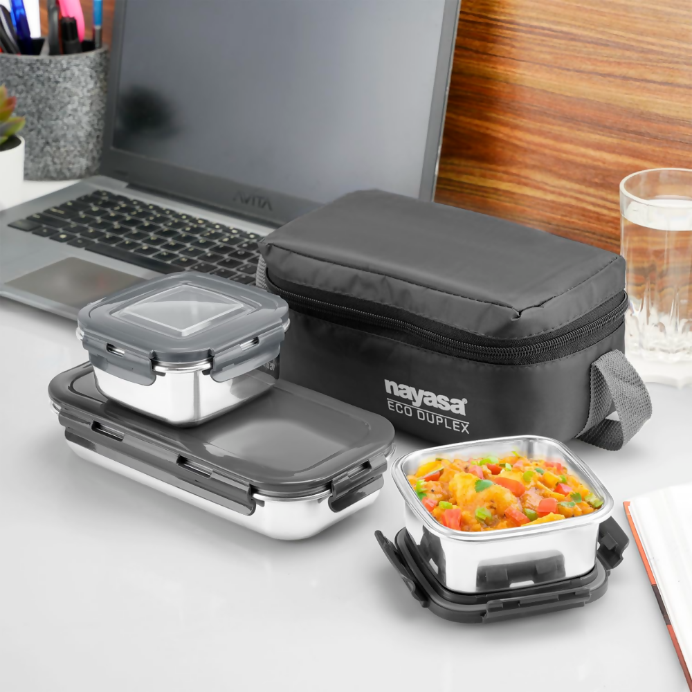 Nayasa Eco Duplex 3 Stainless Steel Office Lunch Box Set with Soft Insulated Bag - Dista