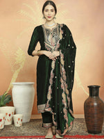 Thumbnail for Aastha Fashion Women's Green Velvet Cording with Resham Thread & Sequin Kurta with Trouser & Dupatta - Distacart