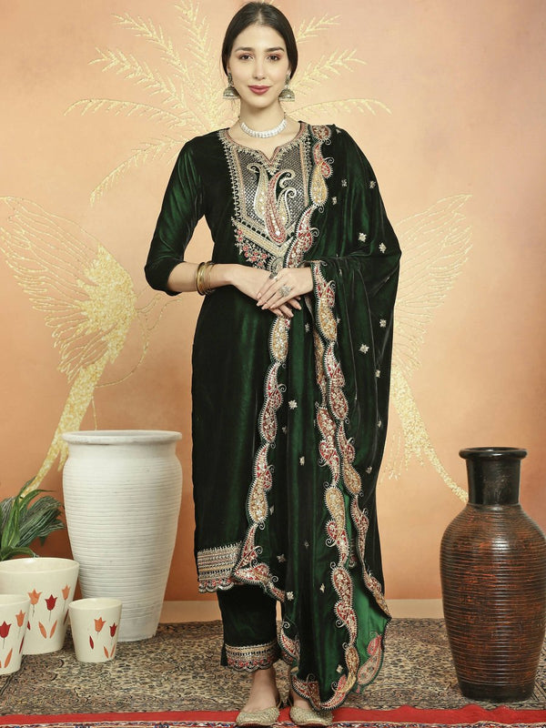 Aastha Fashion Women's Green Velvet Cording with Resham Thread & Sequin Kurta with Trouser & Dupatta - Distacart