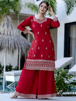 Thumbnail for The52 Red Women's Gorgeous Embroidered Vichitra Silk Fabric Straight Kurta, Sharara and Dupatta Set - Distacart