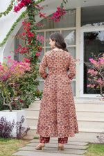 Thumbnail for Jaimini Women Cotton Printed V-Neck 3/4 Sleeves Calf Length Flared Kurta Pant And Dupatta Set - Dista
