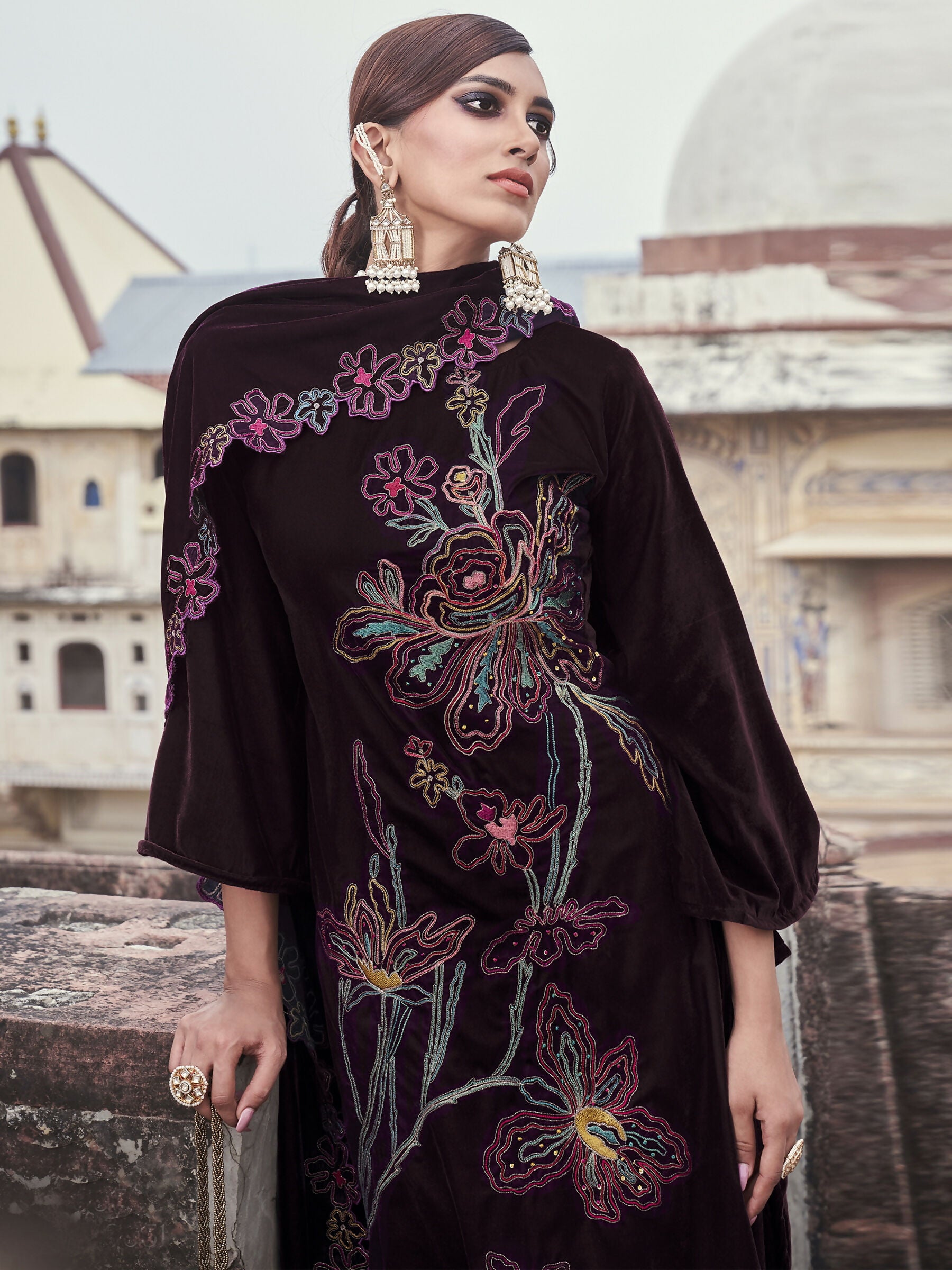 Jyoti Fashion Women's Wine Velvet Resham Thread with Jari & Sequin Kurta with Trouser & Dupatta - Distacart