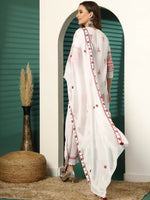 Thumbnail for Sangria White Ethnic Motifs Embroidered Notch Neck Cotton Kurta With Trouser & Dupatta - Distacart