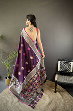 Thumbnail for Joban Fashion Wine Elephant & Floral Motifs Soft Lichi Silk Banarasi Saree - Distacart