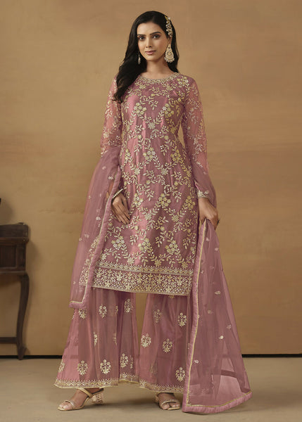 Old Rose Net Embroidered Wedding Festive Gharara Suit - Emponline - Distacart