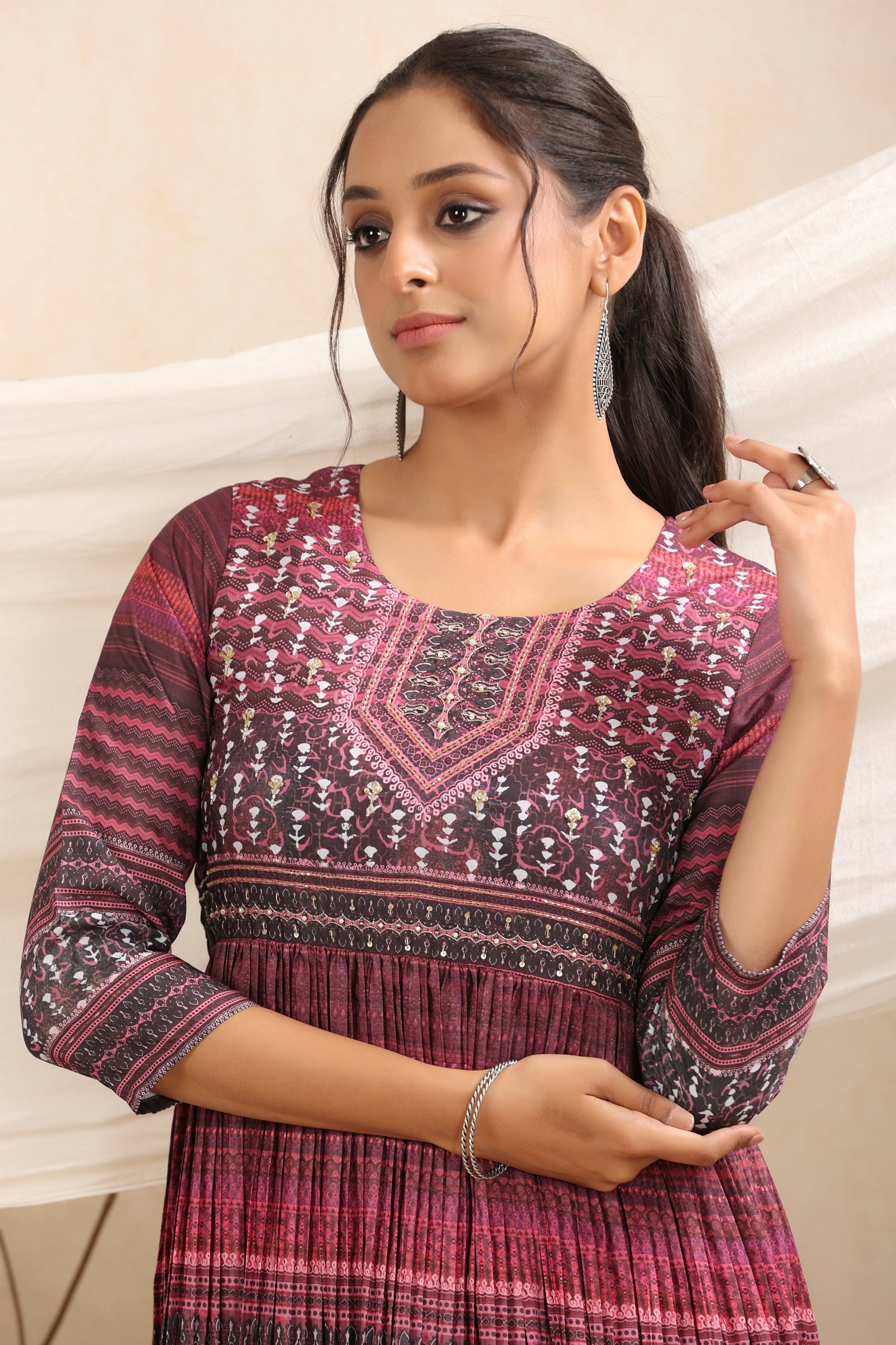 Juniper Purple muslin maxi dress with ethnic motif print with sequins & beads work - Distacart