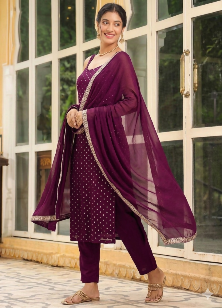 Teeya Creation Womens New Elegant Wine Embroidered Kurti with Matching Bottom Set - Dista