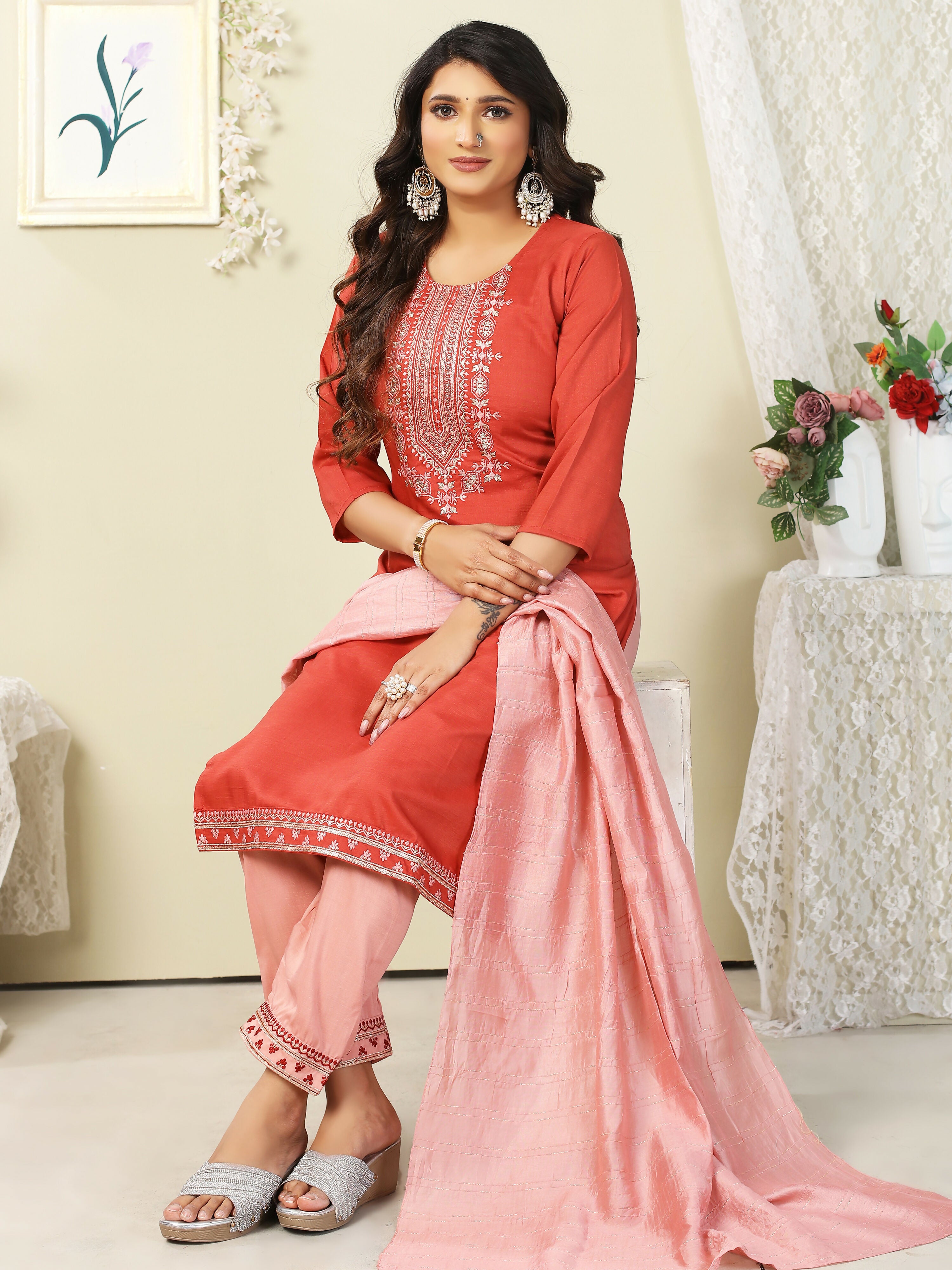 Vamika Chinon Embroidery Orange Party Wear/Casual Wear/Office Wear Kurta Set/Suit - Distacart
