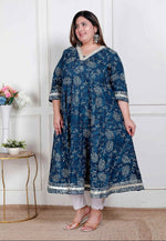 Thumbnail for Miravan Plus Size Women'S Blue Cotton Embroidered Neck Anarkali Kurta - Distacart