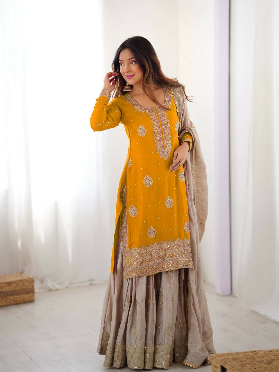 Lehenga Mart Designer Sharara Suit With Kurta, Sharara, Dupatta For Women-Yellow - Distacart
