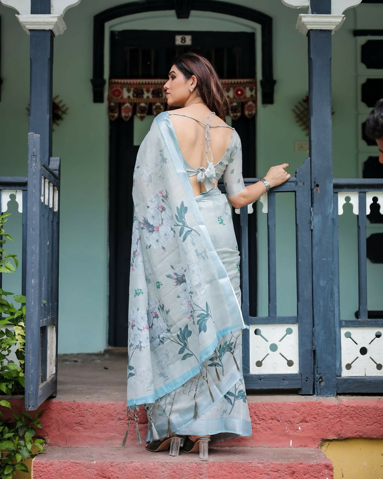Preksha Creation Light Pastel Blue Wedding Linen Delicate Floral Digital Print Women Saree