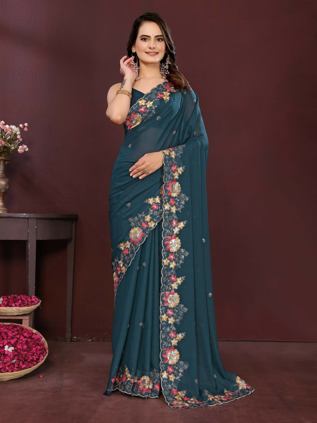 Ai Fashion Teal Soft Star Georgette Embroidery Party Wear Saree