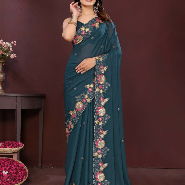 Ai Fashion Teal Soft Star Georgette Embroidery Party Wear Saree - Distacart
