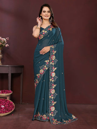 Ai Fashion Teal Soft Star Georgette Embroidery Party Wear Saree