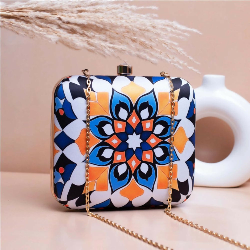 Joban Fashion White Based Mandala Art Printed Clutch - Multicolor - Dista