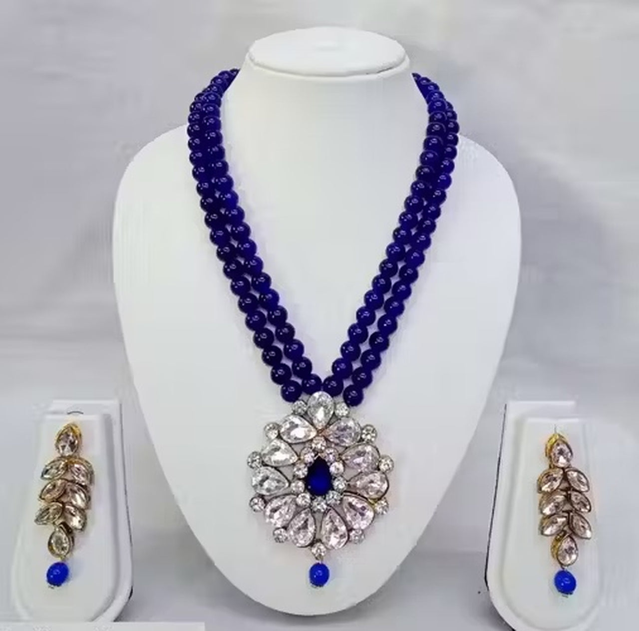 Jewel City Traditional Handcrafted Ethnic Blue Beaded Necklace Set with Gold-Plated Finish & Studded Stones  - Distacart