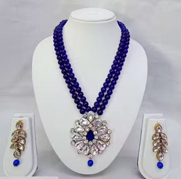 Jewel City Traditional Handcrafted Ethnic Blue Beaded Necklace Set with Gold-Plated Finish & Studded Stones  - Distacart