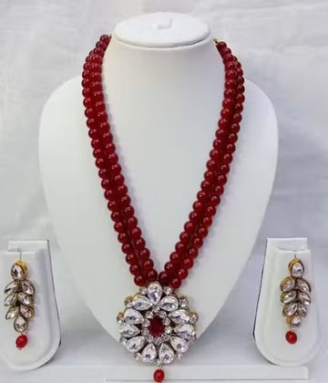 Jewel City Traditional Handcrafted Ethnic Maroon Beaded Necklace Set with Gold-Plated Finish & Studded Stones  - Distacart