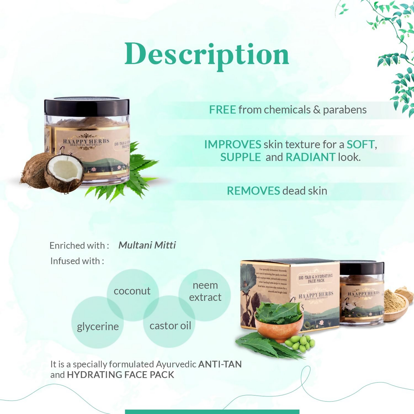 HaappyHerbs Ayurvedic De Tan & Hydrating Face Pack - Dista