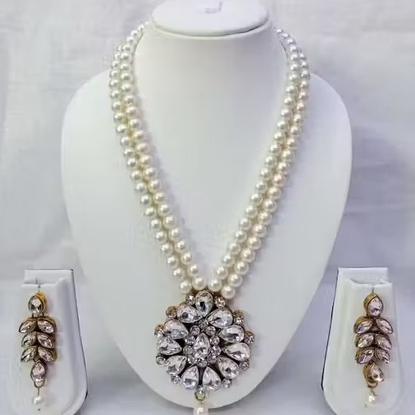 Jewel City Traditional Handcrafted Ethnic White Beaded Necklace Set with Gold-Plated Finish & Studded Stones  - Distacart