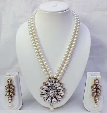 Jewel City Traditional Handcrafted Ethnic White Beaded Necklace Set with Gold-Plated Finish & Studded Stones  - Distacart