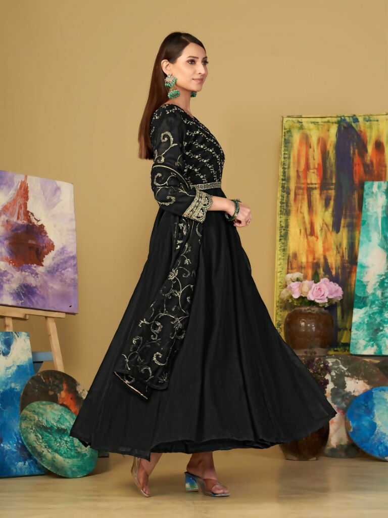 Jyoti Fashion Women's Black Georgette Embroidered Anarkali Kurta Pant Set With Dupatta - Distacart