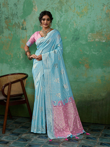 Shree Shyam Fashion Sky Blue Linen Cotton Saree - Dista