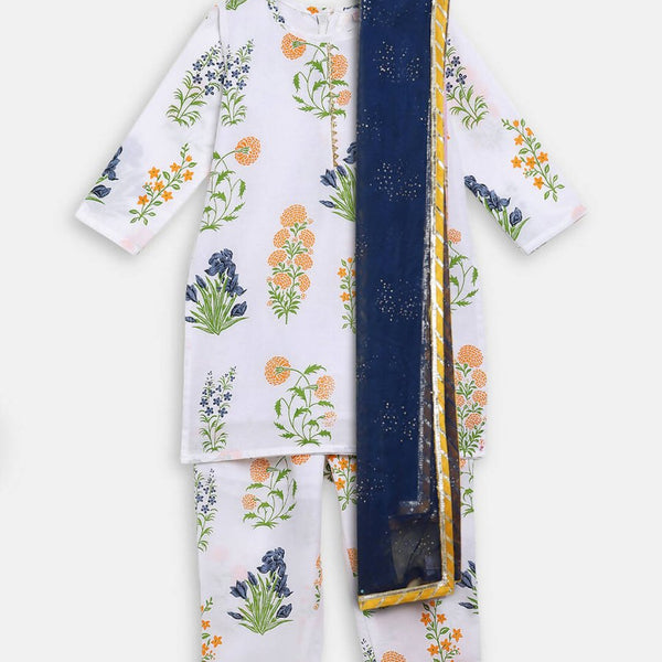 Ahalyaa White Cotton Straight Floral Printed Kids Kurta Pant Sets With Dupatta For Girls - Distacart