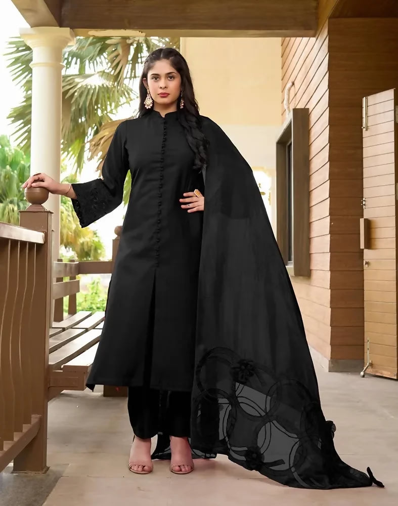 Nikhaar Black Embroidered Art Silk A Line Readymade Pakistani Suit