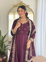 Thumbnail for The52 Wine Women's Gorgeous Vichitra Silk Fabric Embroidered Work Flared Anarkali Pant and Dupatta Set