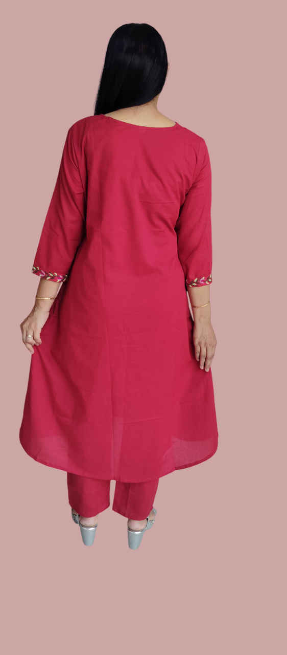 Jaitra Apparels Women Embroidered Pure Cotton Kurta Pant Set(Red)